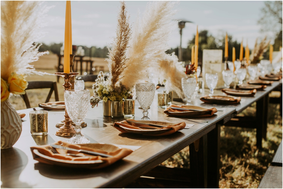 Boho Reception, Erin Padgett Events, Candace Erin Padgett Events, Weddings with Barbara, Outdoor Reception, Bohemian Reception Decor, Fall Wedding, Boho Centerpieces, Yellow,