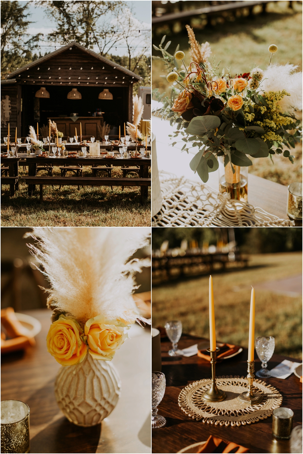 Boho Reception, Erin Padgett Events, Candace Erin Padgett Events, Weddings with Barbara, Outdoor Reception, Bohemian Reception Decor, Fall Wedding, Macrame, Center Pieces, Florals, Boho Florals, Boho Centerpieces,
