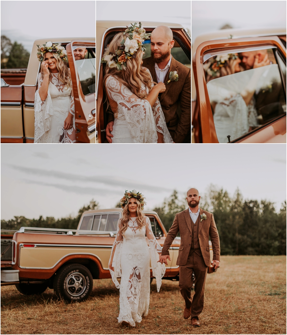 Bohemian Backyard Wedding, Rue De Seine Bridal, Lovely Bride, Flower Crown,Charlotte NC Wedding Photographer, Boho Wedding, North Carolina Wedding Photographer, Old Ford Truck, Bride and Groom