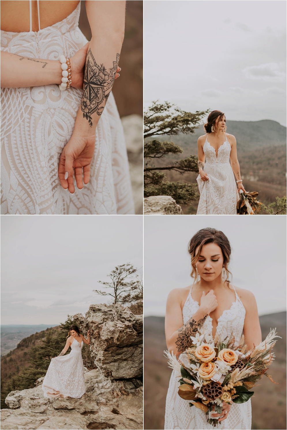 Hanging Rock State Park, Hayley Paige Wedding Dress, Southern Blooms, Carbon Compass Beauty Bar, Wildflower Bridal, Modern Boho Bride, Bohemian Bride, Bridals, See You Clayter, Connection Photography, Asheville Wedding Photographer, Adventurous Wedding Photographer, Charlotte Wedding Photographer, bridal portraits, bride with tatttoos