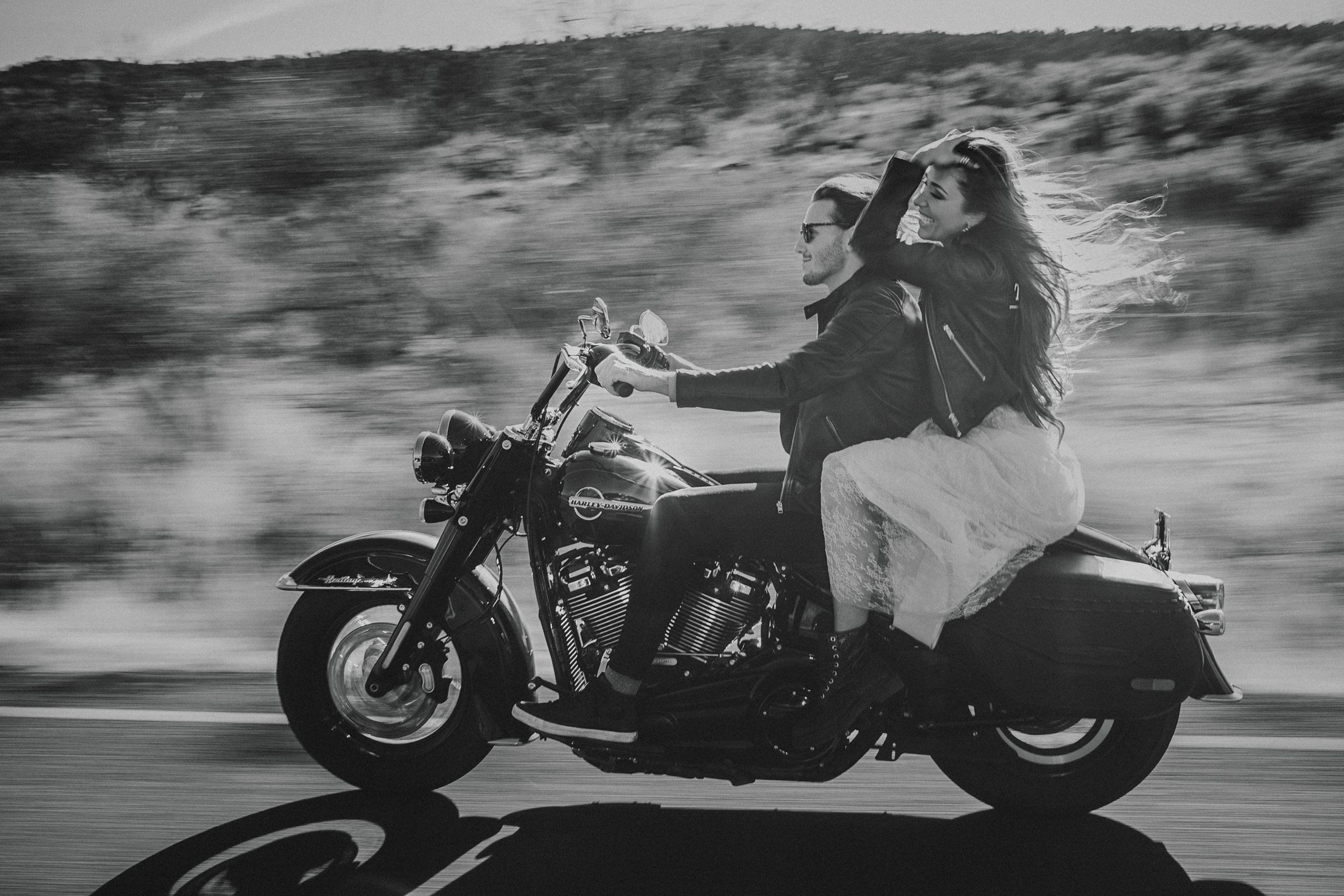 Engagement in Sedona AZ, Elopement in Sedona, Bride and Groom, Harley Davidson Motorcycle, Le Laurier Bridal, Adventurous Elopement, Arizona Wedding Photographer, Engaged, black and white 