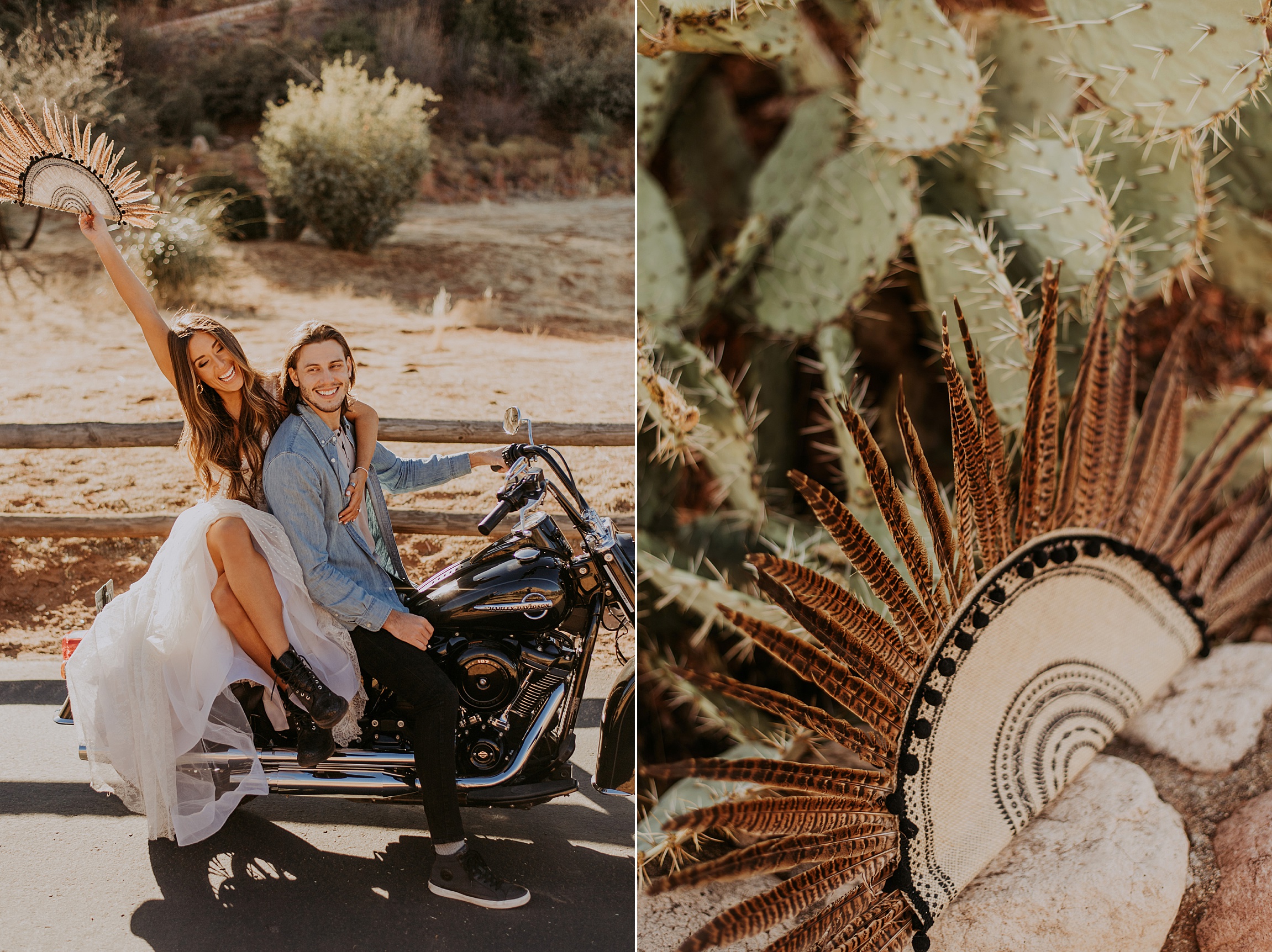 Engagement in Sedona AZ, Elopement in Sedona, Bride and Groom, Harley Davidson Motorcycle, Le Laurier Bridal, Adventurous Elopement, Arizona Wedding Photographer, Engaged, bridal fan, feathers, combat boots