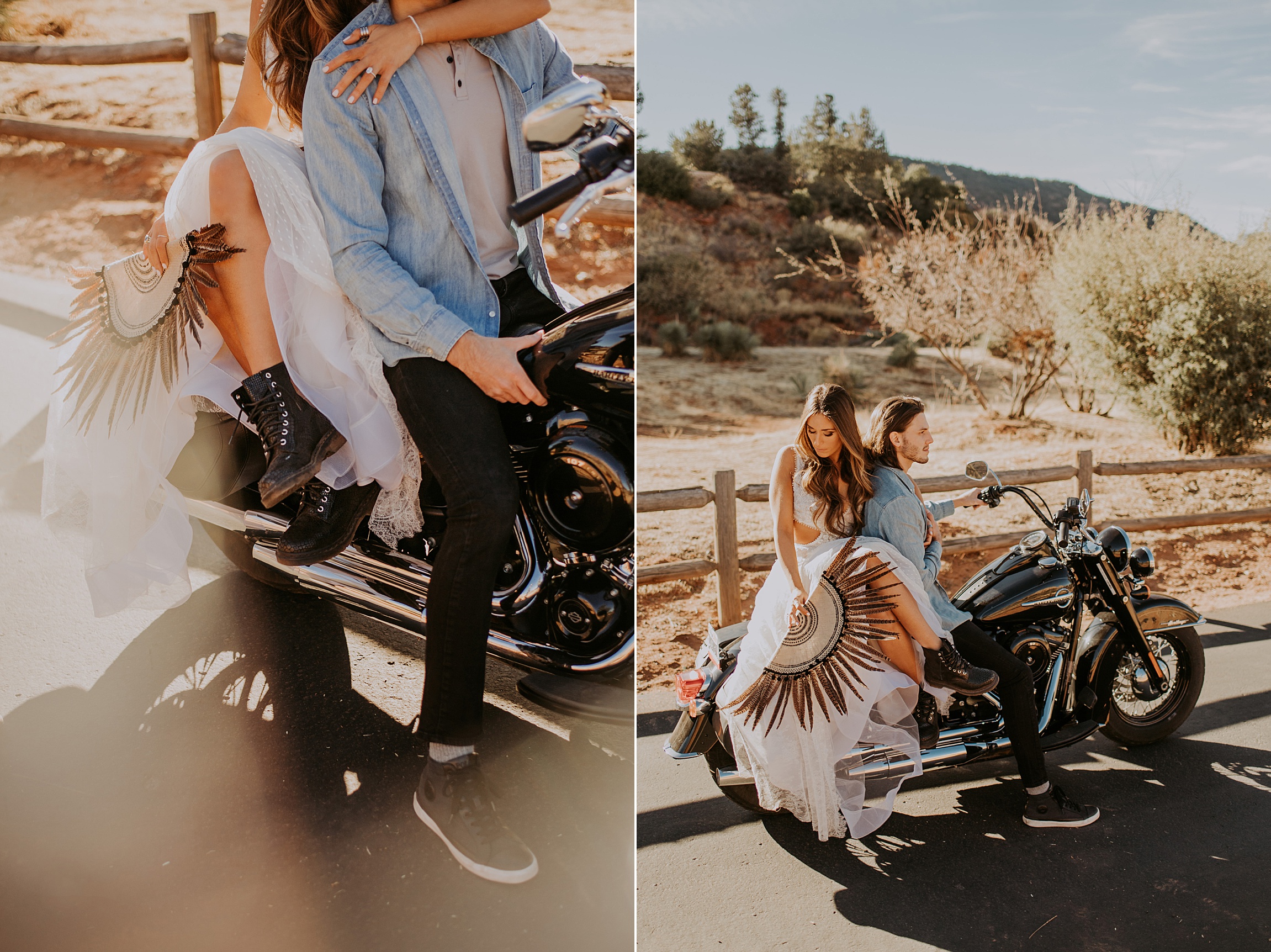 Engagement in Sedona AZ, Elopement in Sedona, Bride and Groom, Harley Davidson Motorcycle, Le Laurier Bridal, Adventurous Elopement, Arizona Wedding Photographer, Engaged, boho bride, combat boots, feather fan, Le Laurier bridal