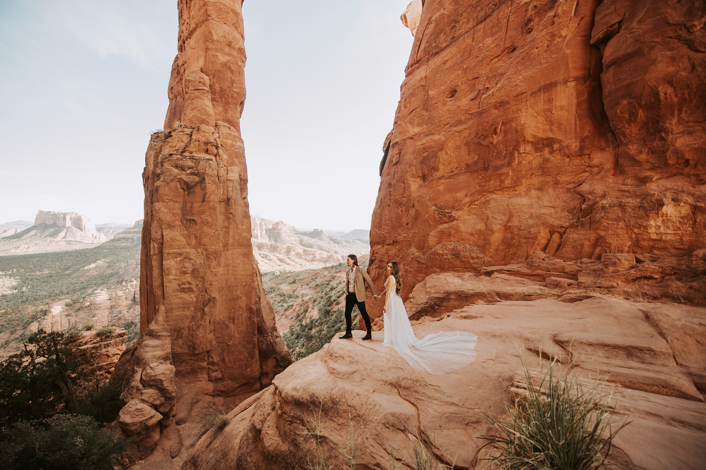 Engagement in Sedona AZ, Elopement in Sedona, Bride and Groom, Harley Davidson Motorcycle, Le Laurier Bridal, Adventurous Elopement, Arizona Wedding Photographer, Engaged, Cathedral Rock Elopement, Adventurous elopement, bohemian bride,