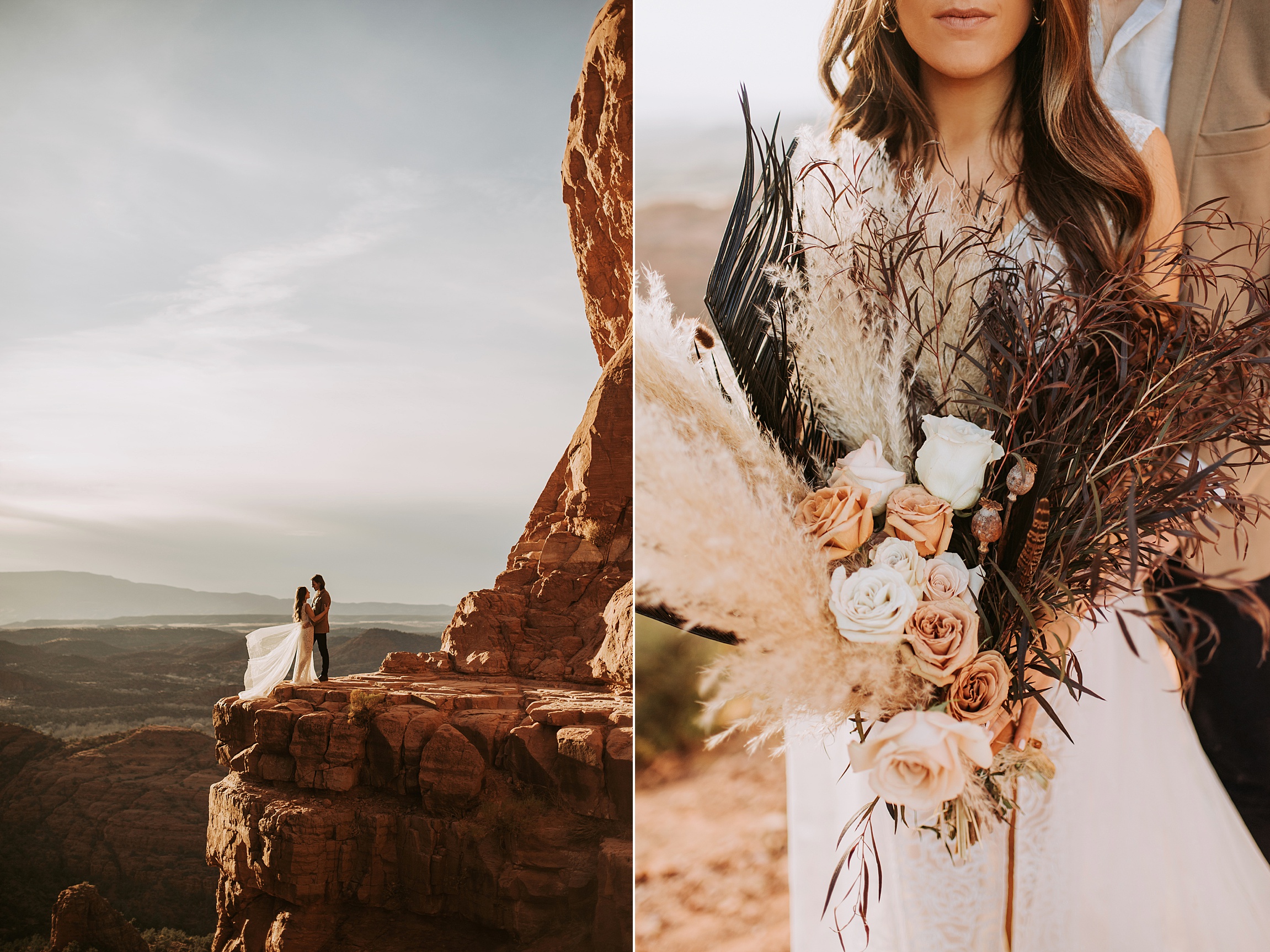 Engagement in Sedona AZ, Elopement in Sedona, Bride and Groom, Harley Davidson Motorcycle, Le Laurier Bridal, Adventurous Elopement, Arizona Wedding Photographer, Engaged, Cathedral Rock Elopement, Adventurous elopement, bohemian bride, bride bouquet
