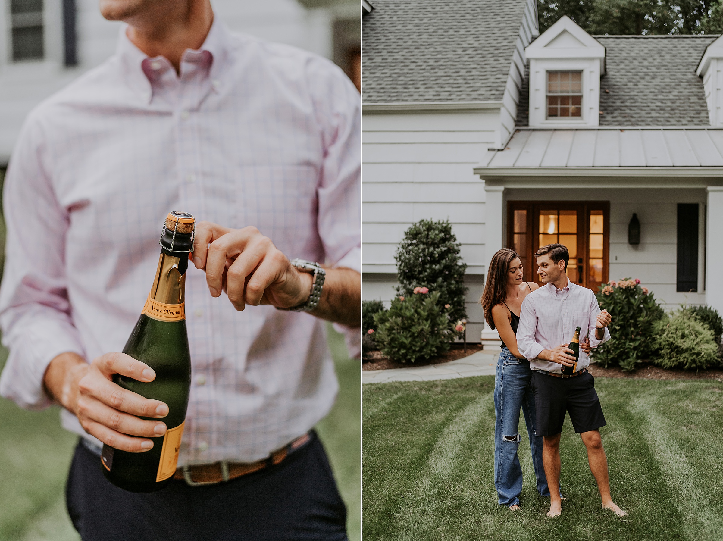 at home engagement session, New Jersey Wedding Photographer, New York Wedding Photographer, Intimate Engagement, Cozy rainy day, Chatham NJ, popping champagne